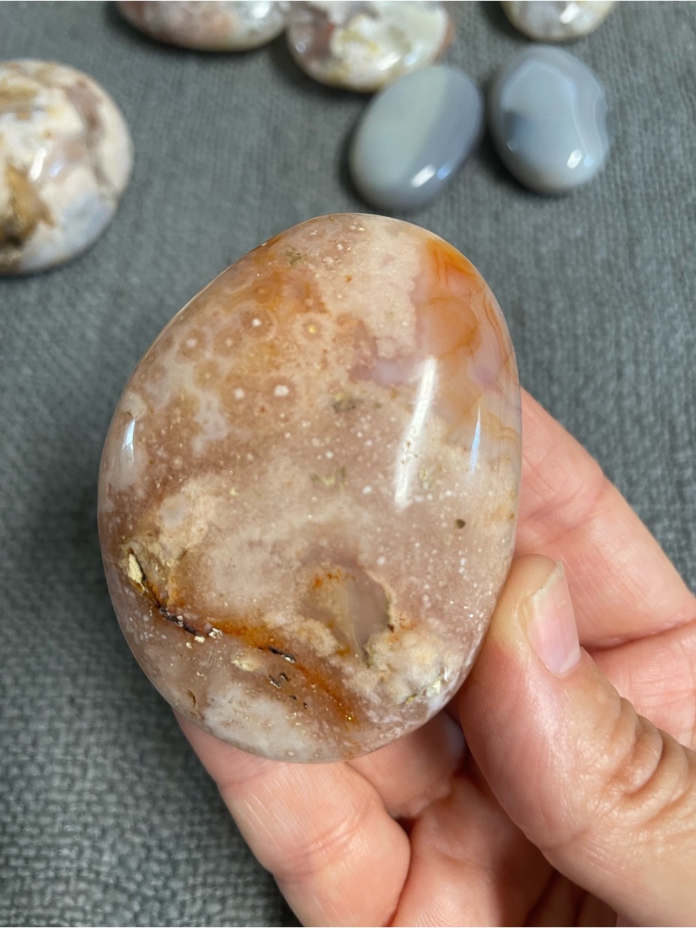 Polished Carnelian Agate Palm Stone - Peachy Cream Tones flower agate